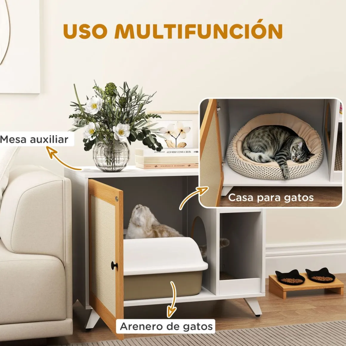 Arenero MisMiss PawHut con puerta de sisal y compartimento blanco/natural 63x77x50 cm