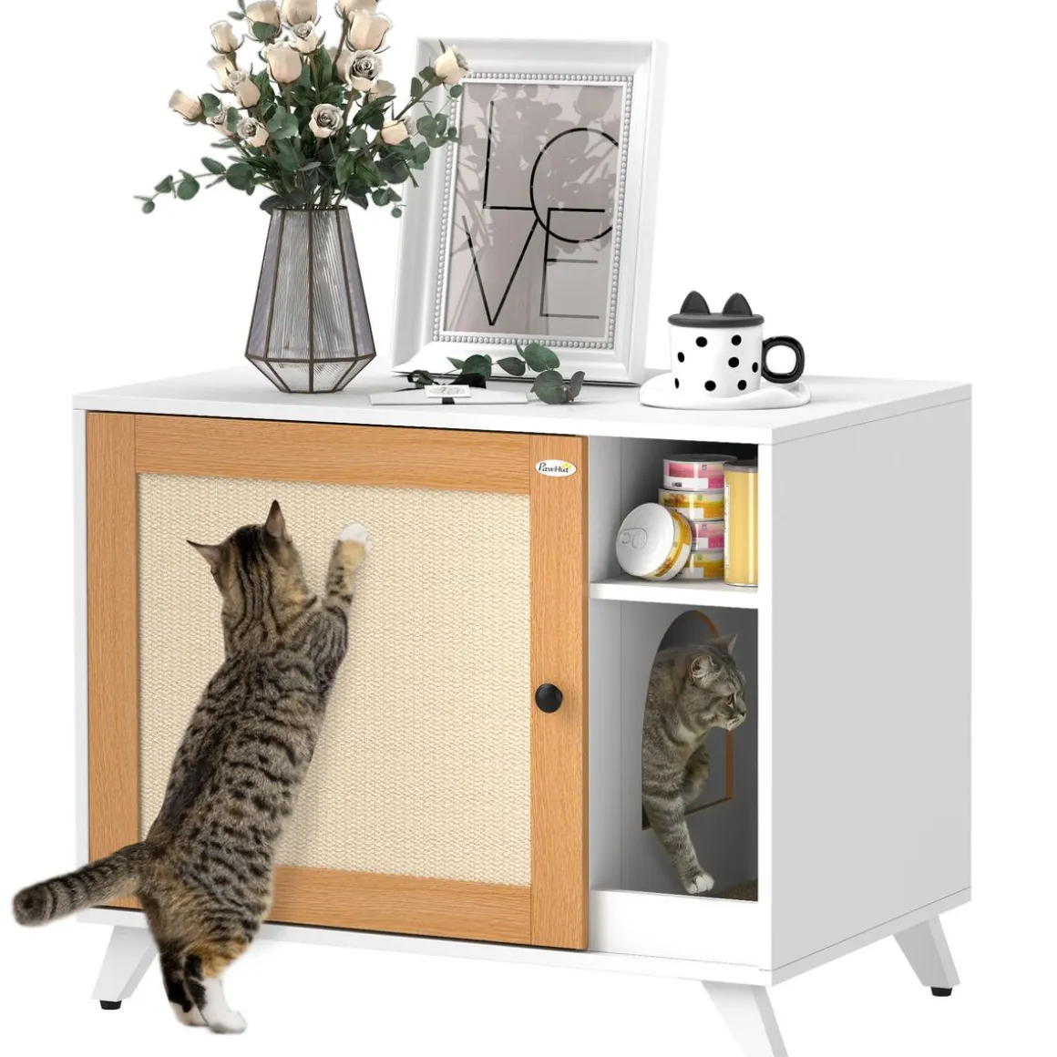 Arenero MisMiss PawHut con puerta de sisal y compartimento blanco/natural 63x77x50 cm