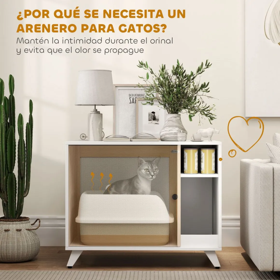 Arenero MisMiss PawHut con puerta de sisal y compartimento blanco/natural 63x77x50 cm