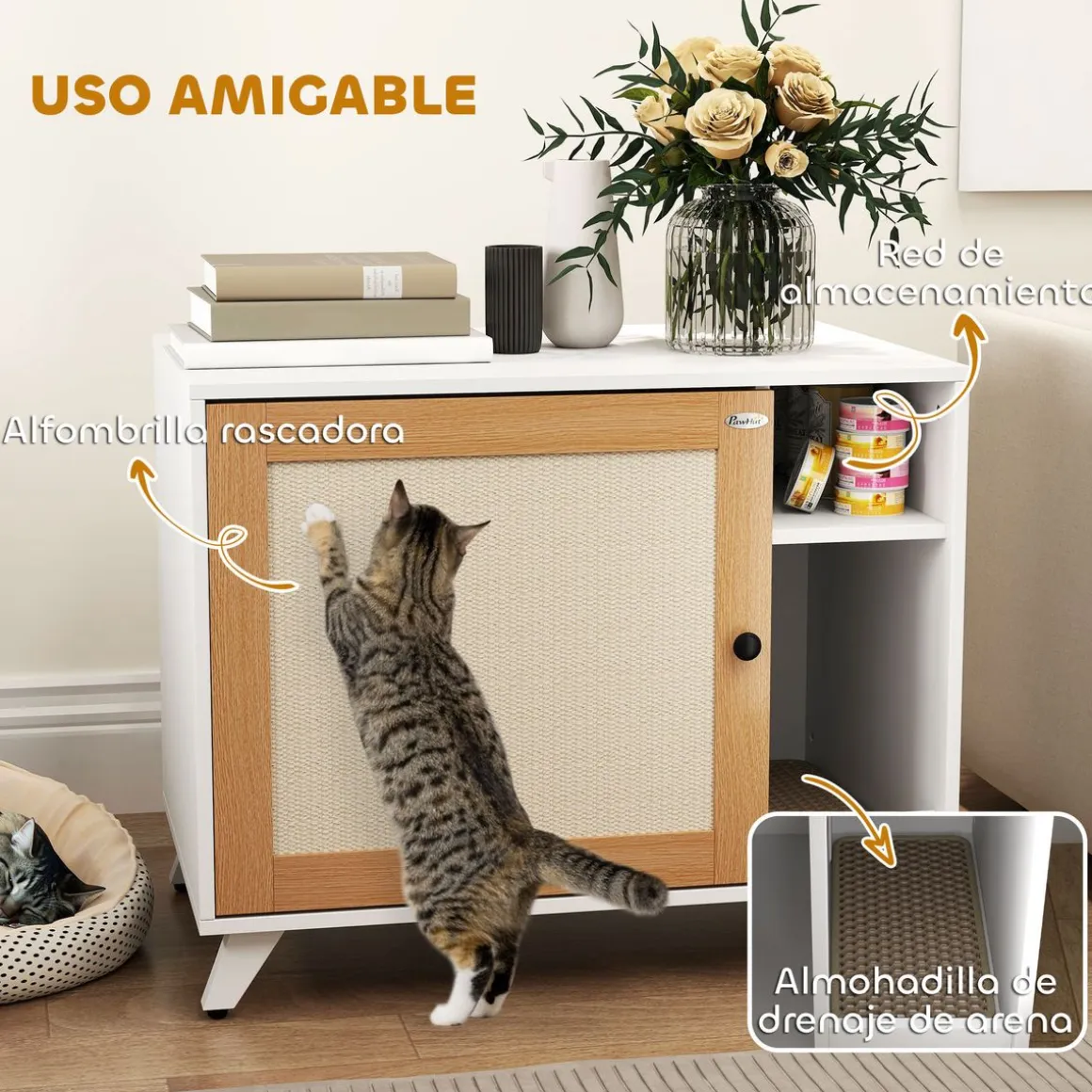 Arenero MisMiss PawHut con puerta de sisal y compartimento blanco/natural 63x77x50 cm