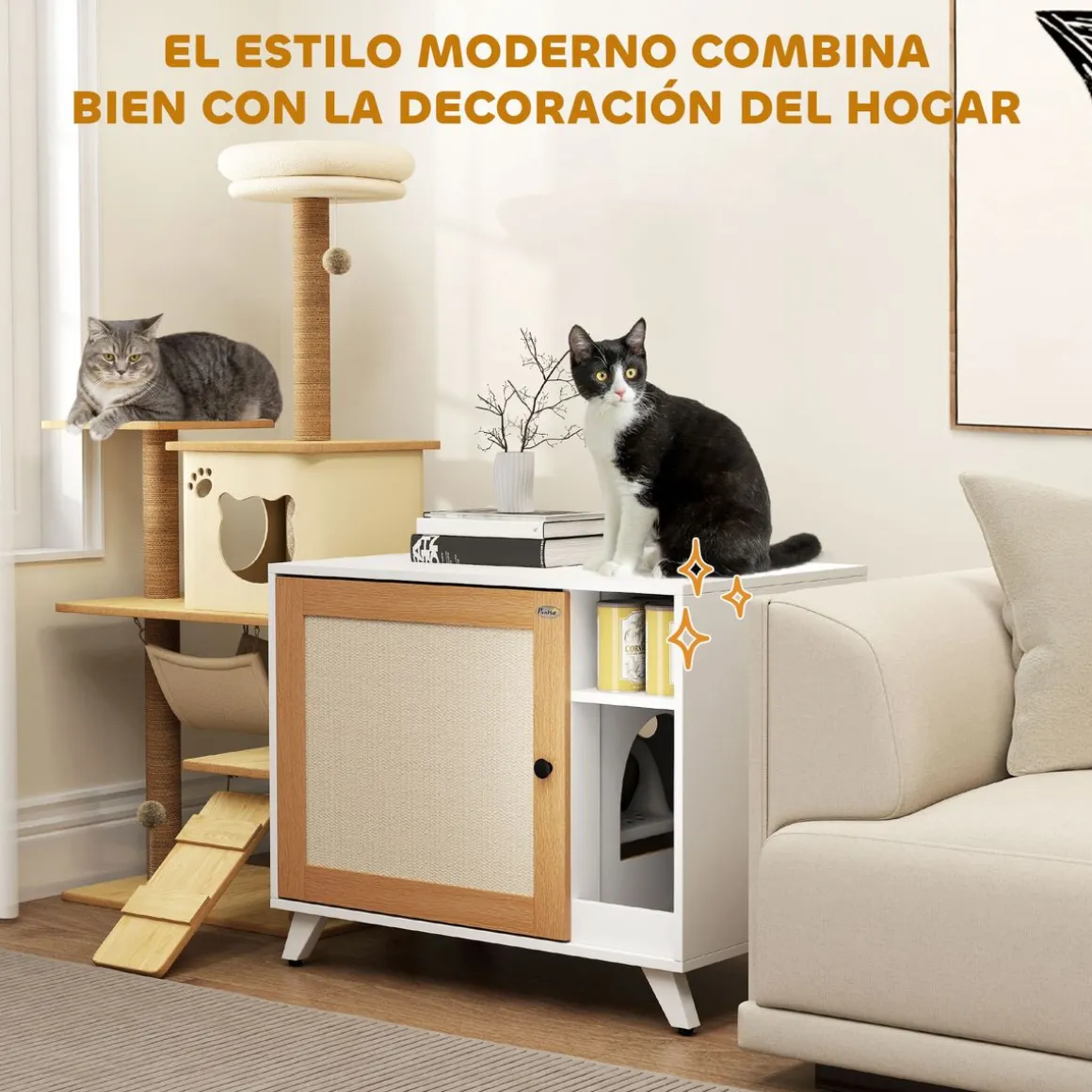 Arenero MisMiss PawHut con puerta de sisal y compartimento blanco/natural 63x77x50 cm