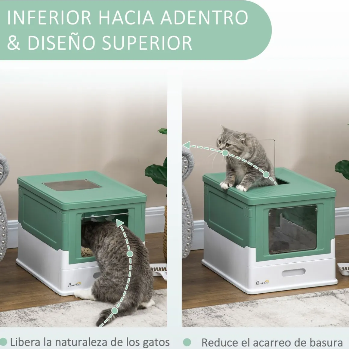 Arenero para gatos Piki PawHut plegable + puerta + bandeja 36,7x35,5x47,5 cm