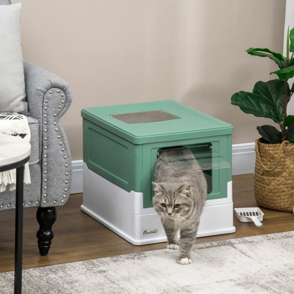 Arenero para gatos Piki PawHut plegable + puerta + bandeja 36,7x35,5x47,5 cm