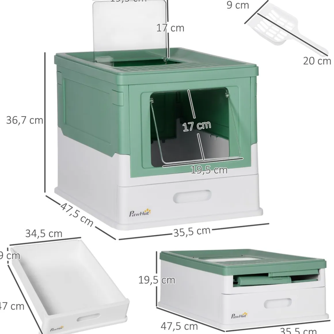 Arenero para gatos Piki PawHut plegable + puerta + bandeja 36,7x35,5x47,5 cm