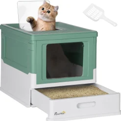 Arenero para gatos Piki PawHut plegable + puerta + bandeja 36,7x35,5x47,5 cm