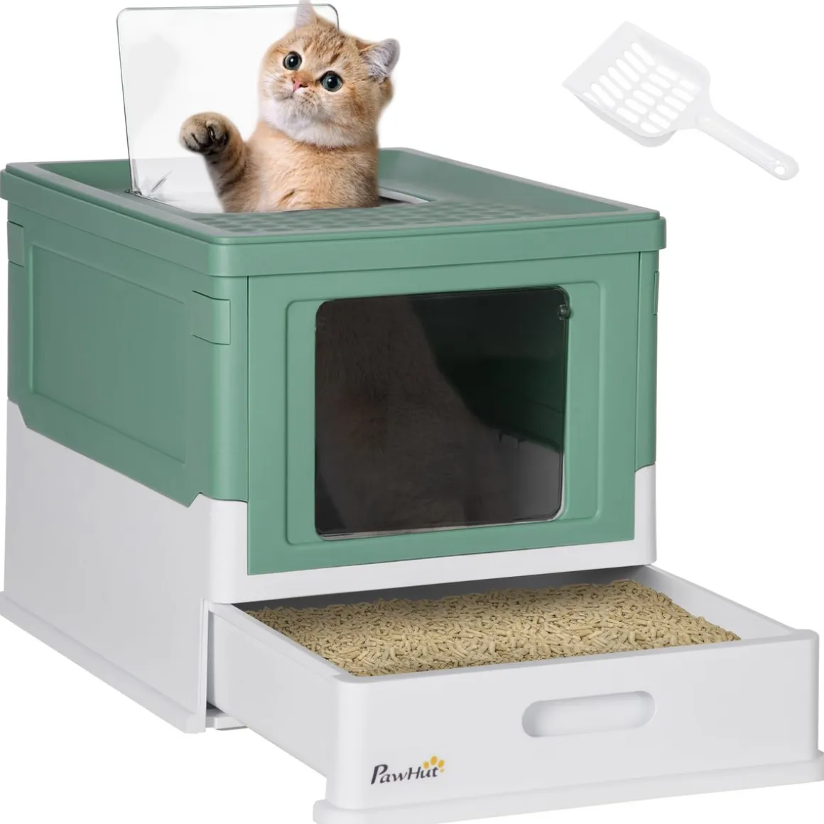 Arenero para gatos Piki PawHut plegable + puerta + bandeja 36,7x35,5x47,5 cm