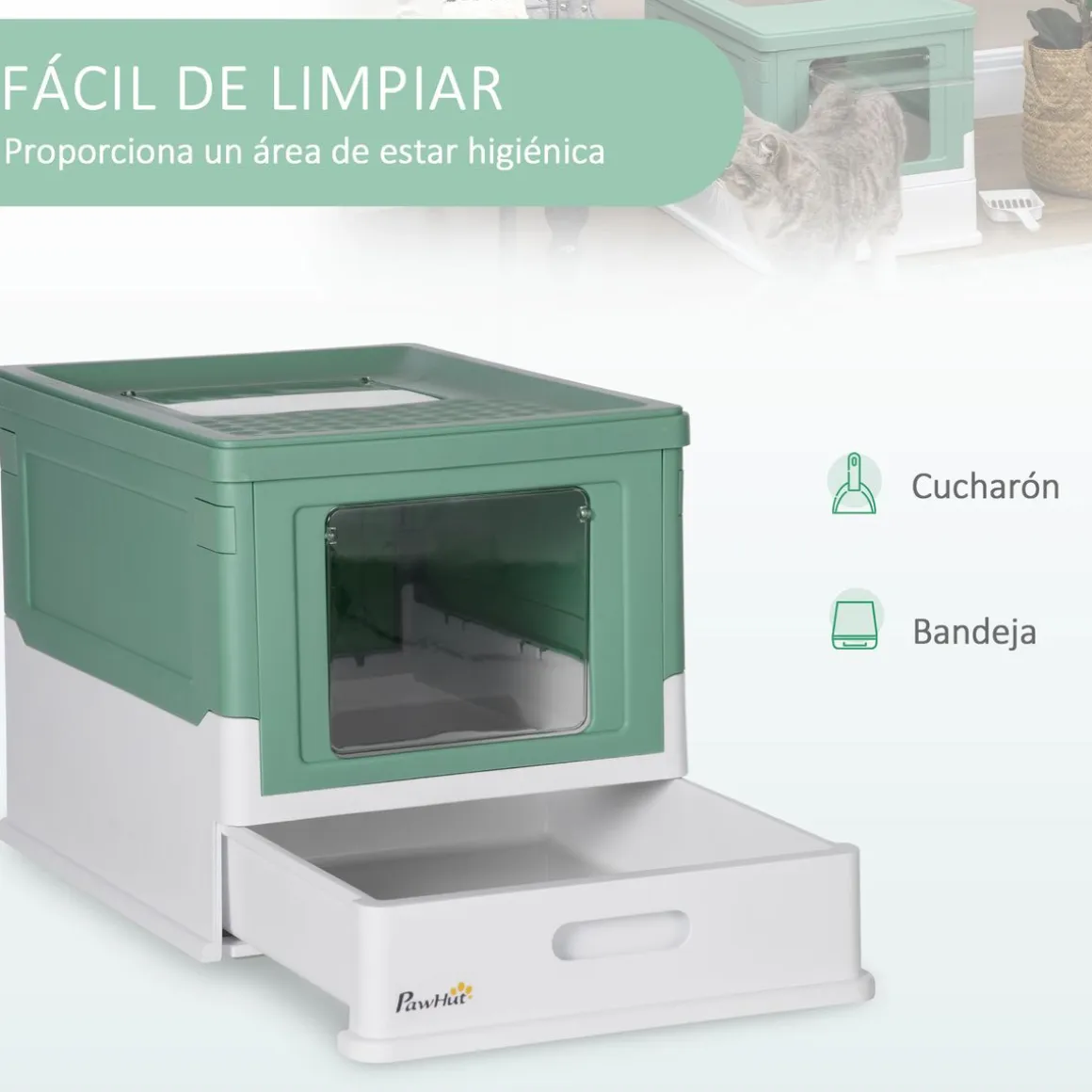 Arenero para gatos Piki PawHut plegable + puerta + bandeja 36,7x35,5x47,5 cm
