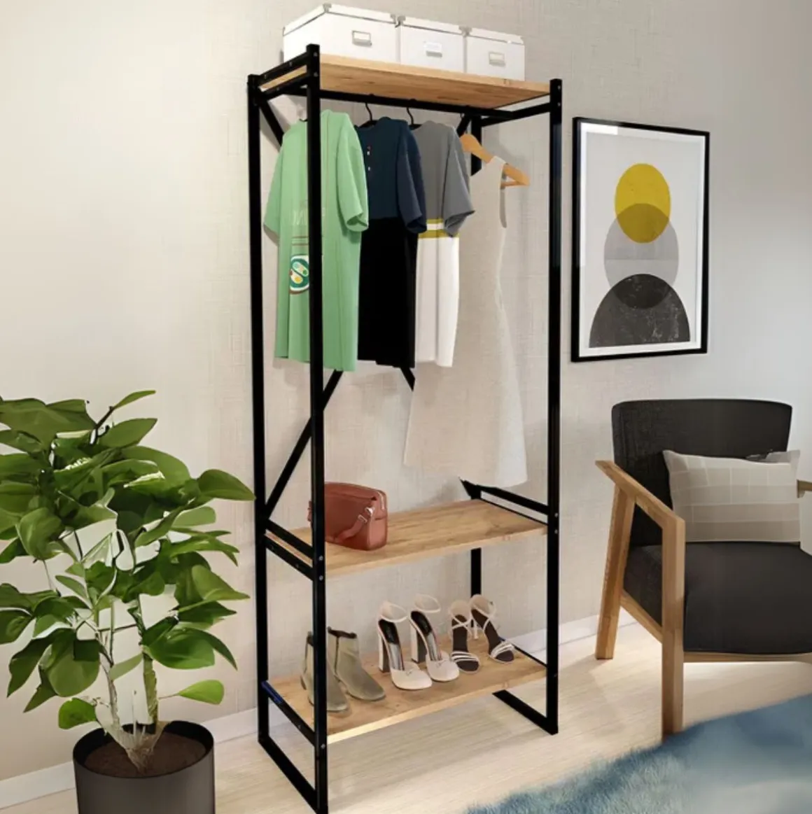 Armario abierto Russell barra + 2 estantes negro/natural 160x66x34 cm