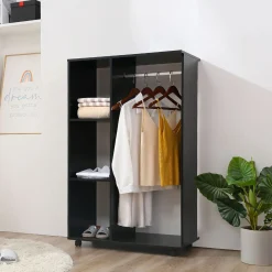 Armario abierto Zayn Homcom 1 barra + 3 estantes + ruedas negro 128x80x40 cm