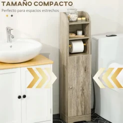Armario alto Kleankin con estantería ajustable + portarrollos gris 100x23x18 cm