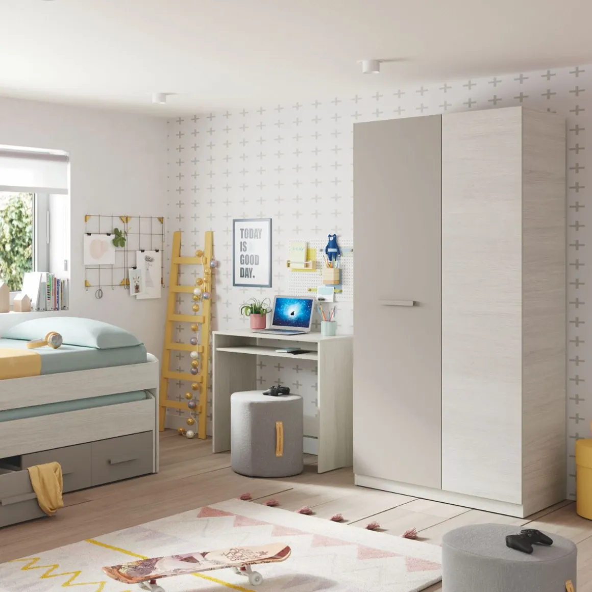 Armario Ares Plus 2 puertas con barra + 3 estantes blanco/basalto 200x90x52 cm