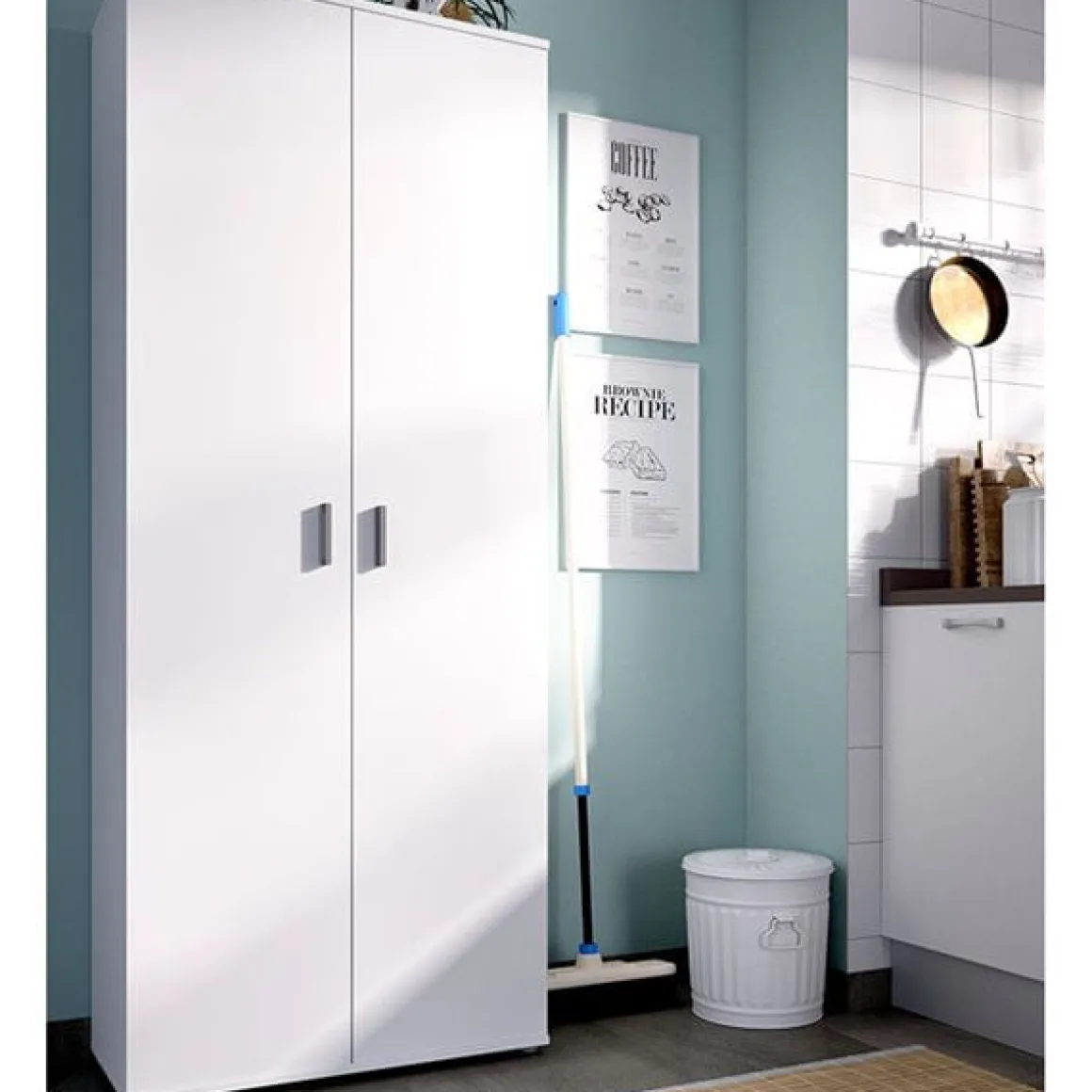 Armario auxiliar Fit 4 compartimentos con escobero abatibles blanco 190x78x35 cm