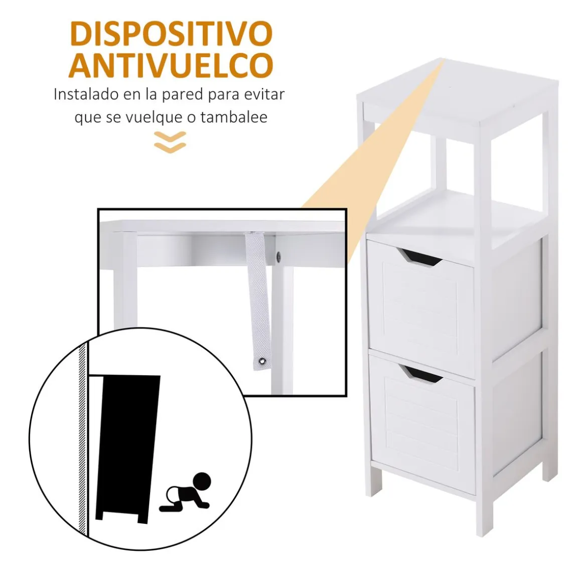 Armario auxiliar Folk Kleankin 2 cajones + estante blanco 89x30 cm