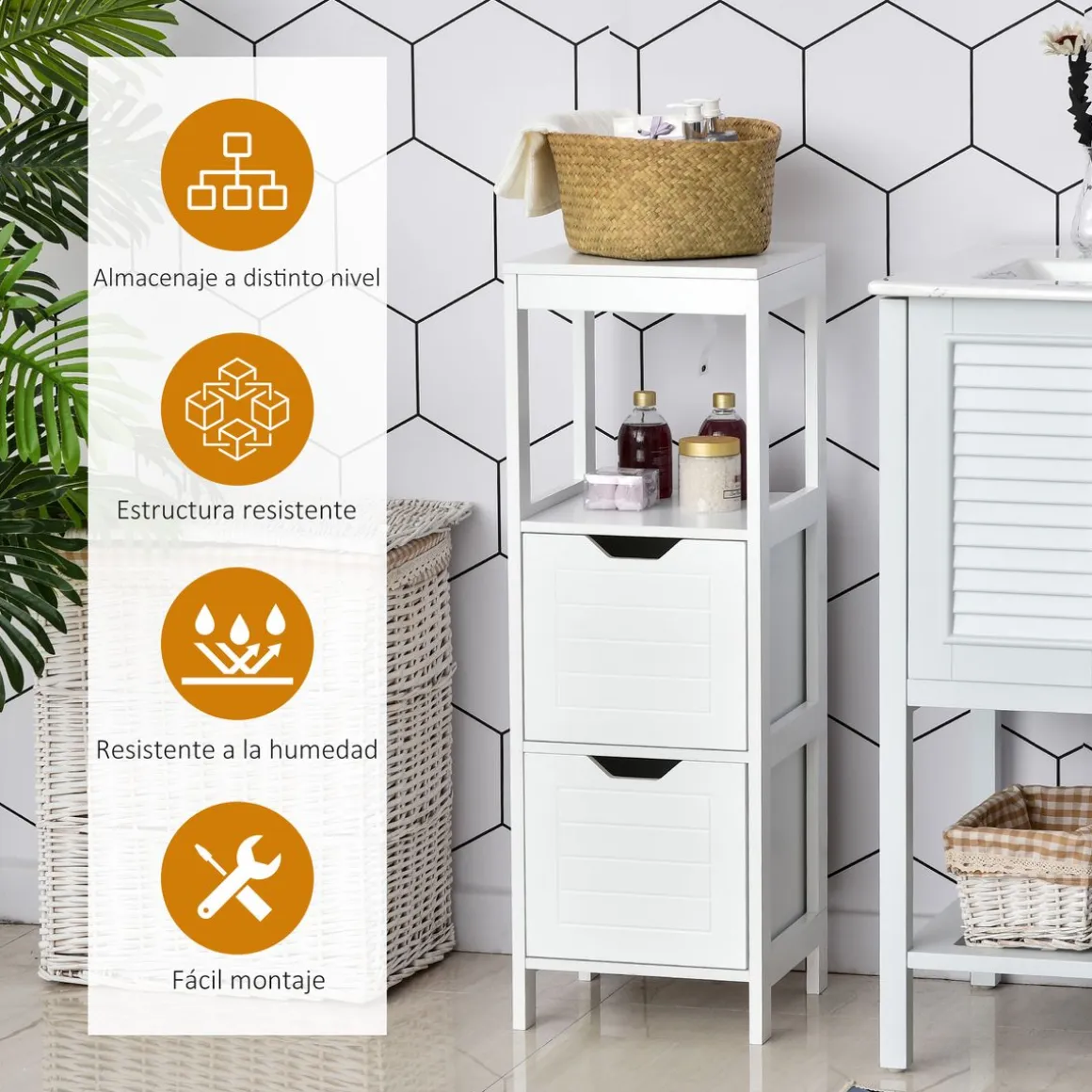 Armario auxiliar Folk Kleankin 2 cajones + estante blanco 89x30 cm