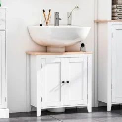 Armario bajo para baño Kleankin 2 puertas + estante ajustable blanco 60x60x30 cm