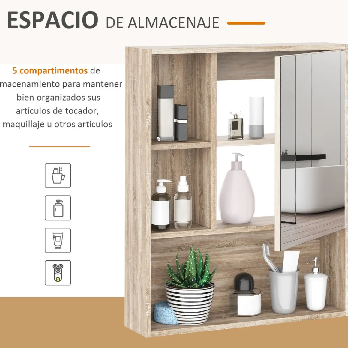 Armario con espejo Mares Kleankin 3 estantes abiertos roble 76x60x15 cm