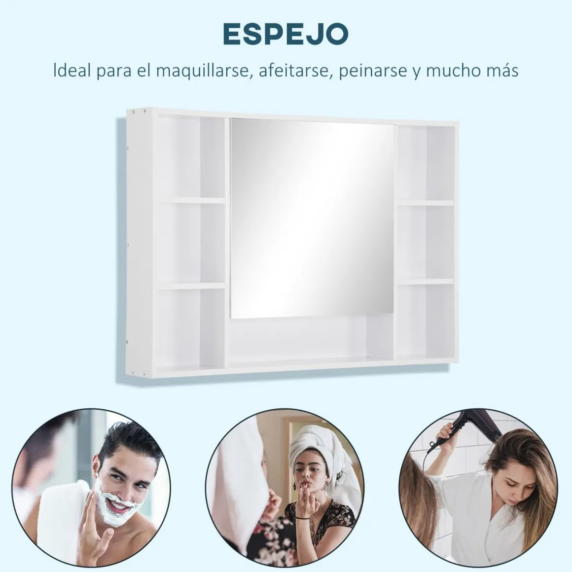 Armario de baño Almendra Kleankin con puerta espejo y compartimentos blanco 70x100x15 cm