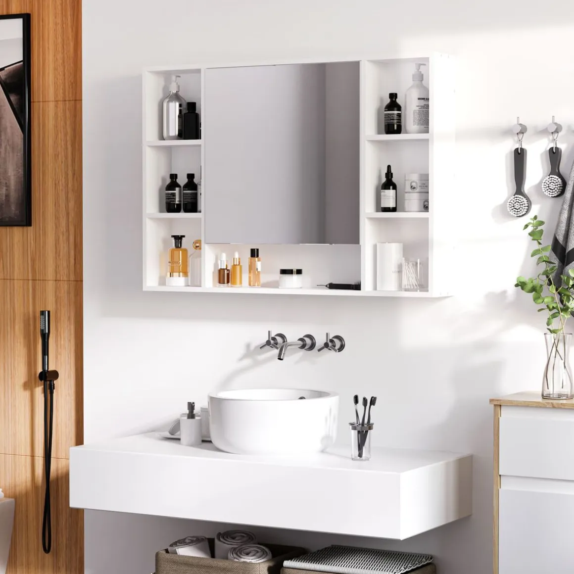 Armario de baño Almendra Kleankin con puerta espejo y compartimentos blanco 70x100x15 cm