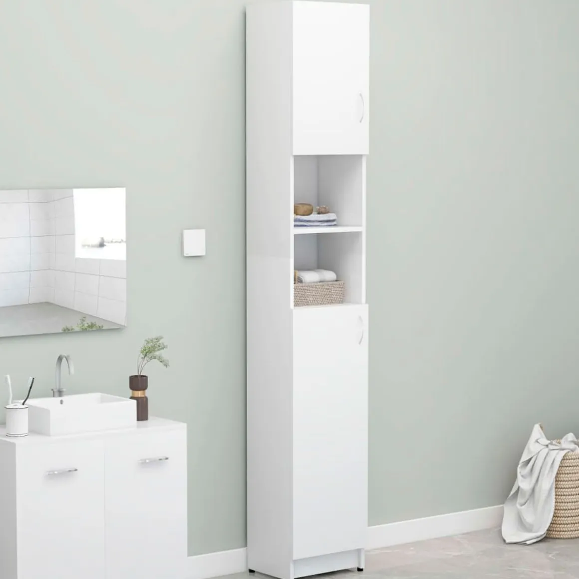 Armario de baño alto 2 puertas 2 estantes abiertos blanco 190x32x25,5 cm