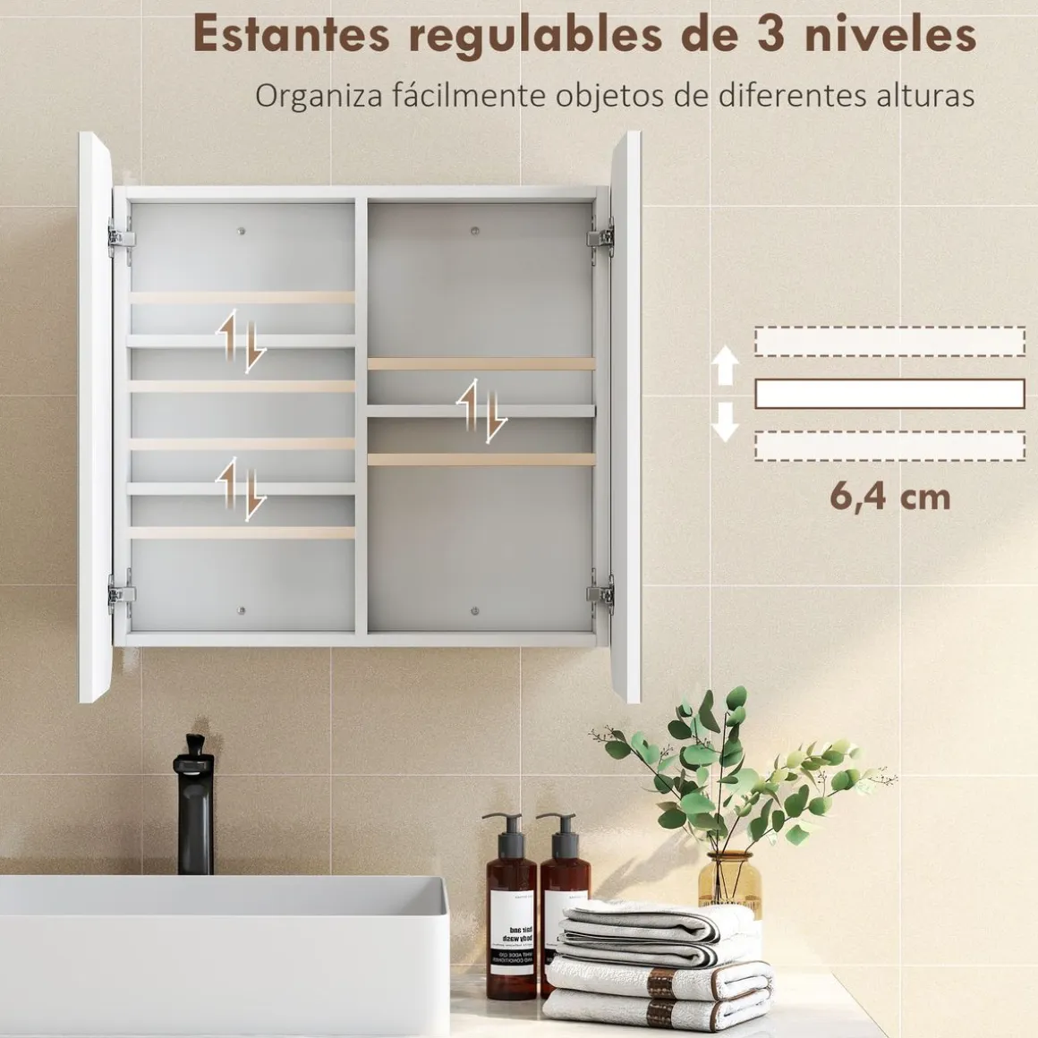 Armario de baño Arona Homcom 2 puertas con espejo blanco 66x13x68 cm