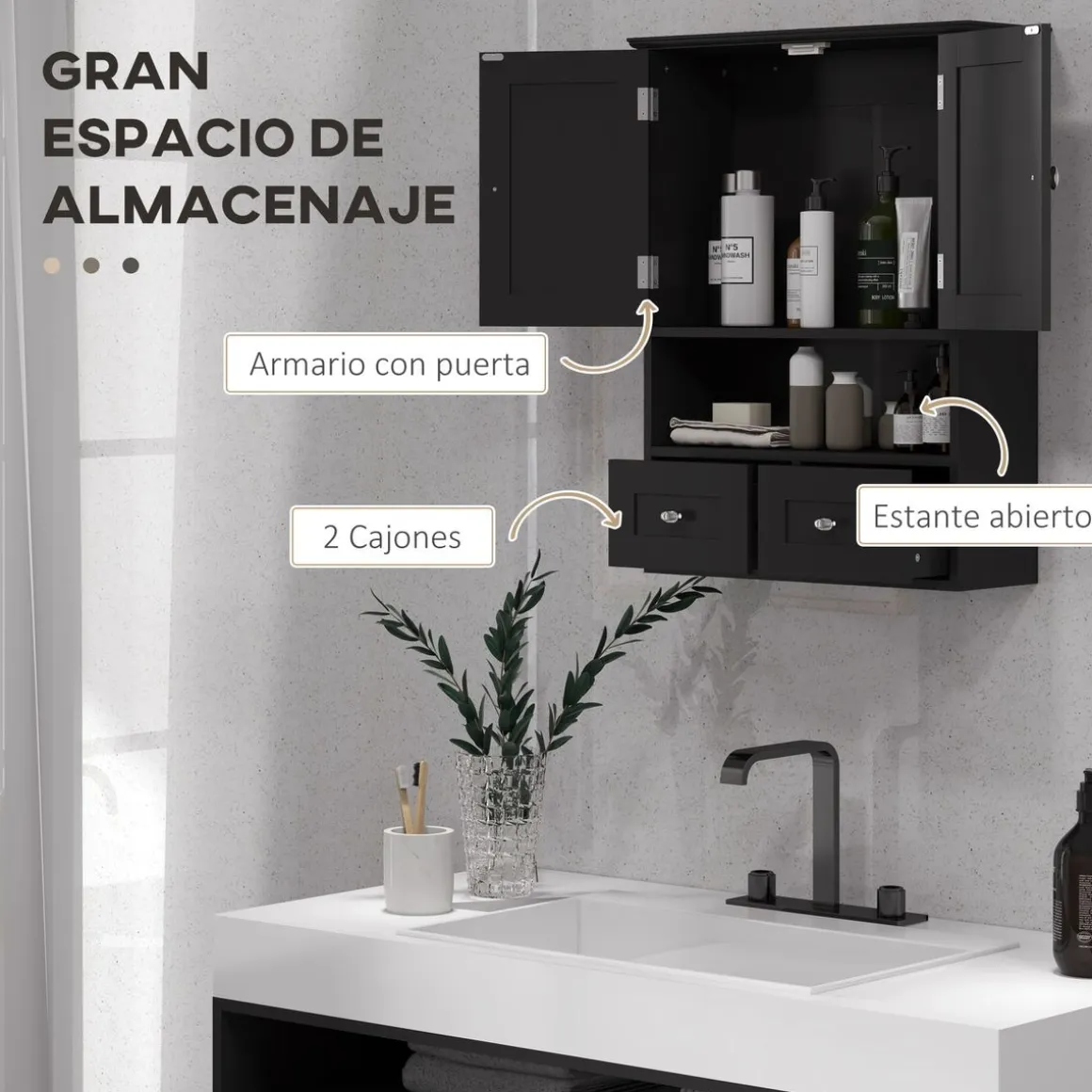 Armario de baño Bosque Kleankin doble puerta con compartimento negro 66x50,8x17,8 cm