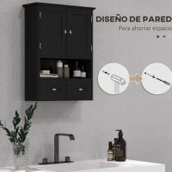 Armario de baño Bosque Kleankin doble puerta con compartimento negro 66x50,8x17,8 cm