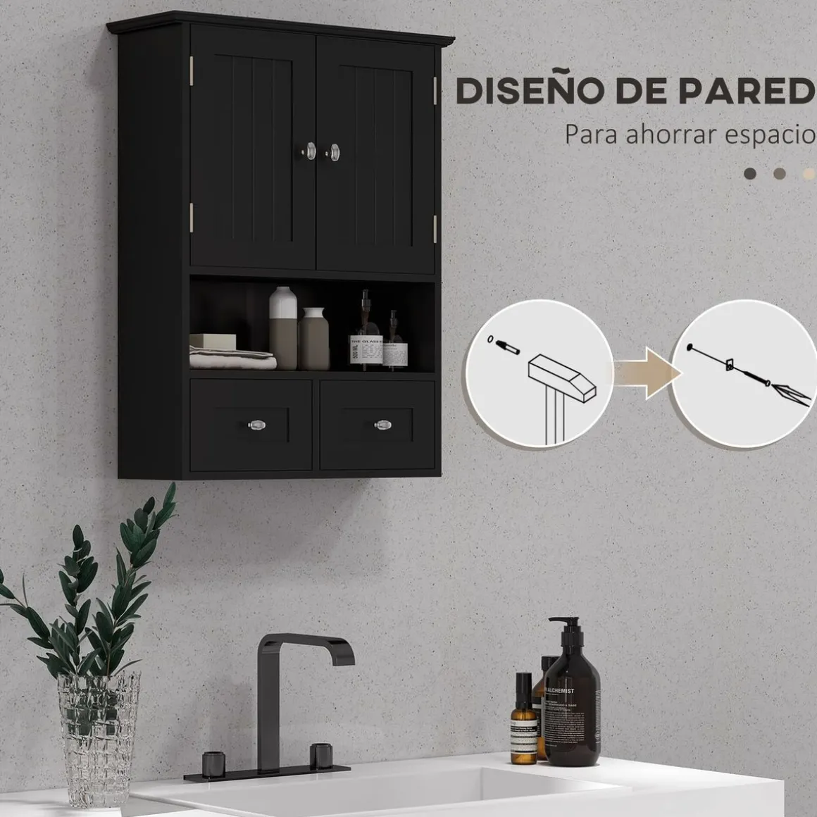 Armario de baño Bosque Kleankin doble puerta con compartimento negro 66x50,8x17,8 cm
