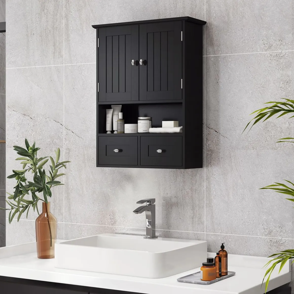 Armario de baño Bosque Kleankin doble puerta con compartimento negro 66x50,8x17,8 cm