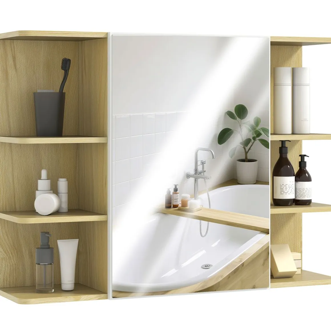 Armario de baño Celeste Homcom 1 puerta espejo 6 estantes abiertos natural 59x20x80 cm