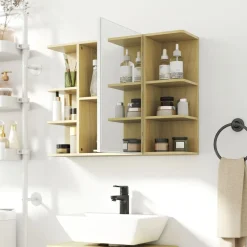 Armario de baño Celeste Homcom 1 puerta espejo 6 estantes abiertos natural 59x20x80 cm