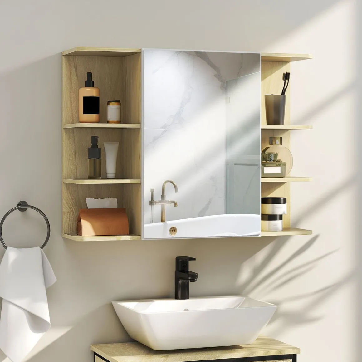 Armario de baño Celeste Homcom 1 puerta espejo 6 estantes abiertos natural 59x20x80 cm