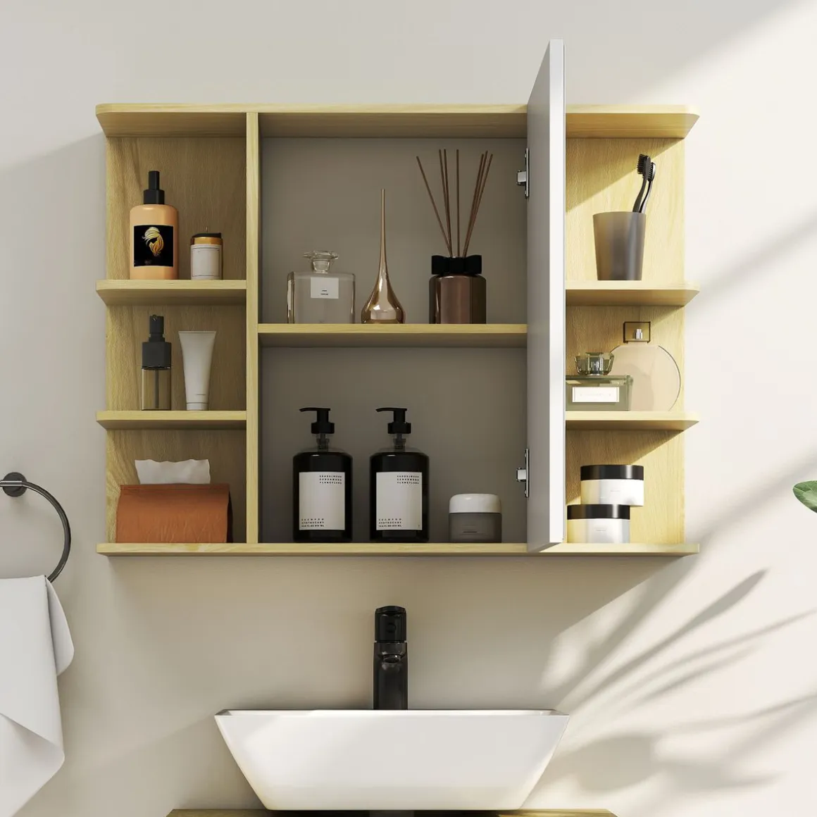 Armario de baño Celeste Homcom 1 puerta espejo 6 estantes abiertos natural 59x20x80 cm