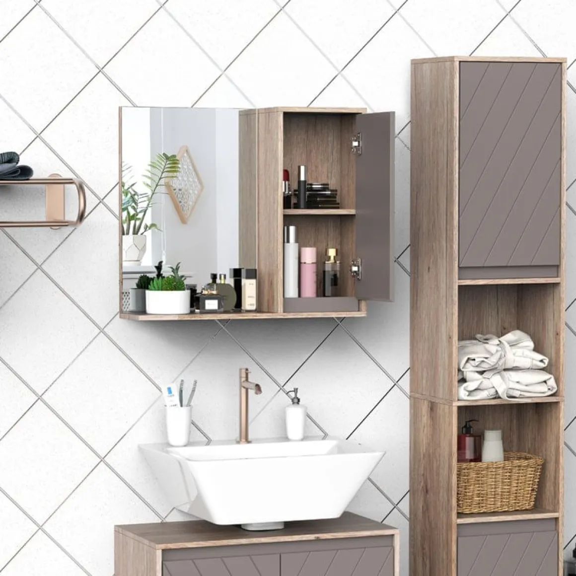 Armario de baño colgante Homcom con espejo natural/gris 49,2x57x14,2 cm