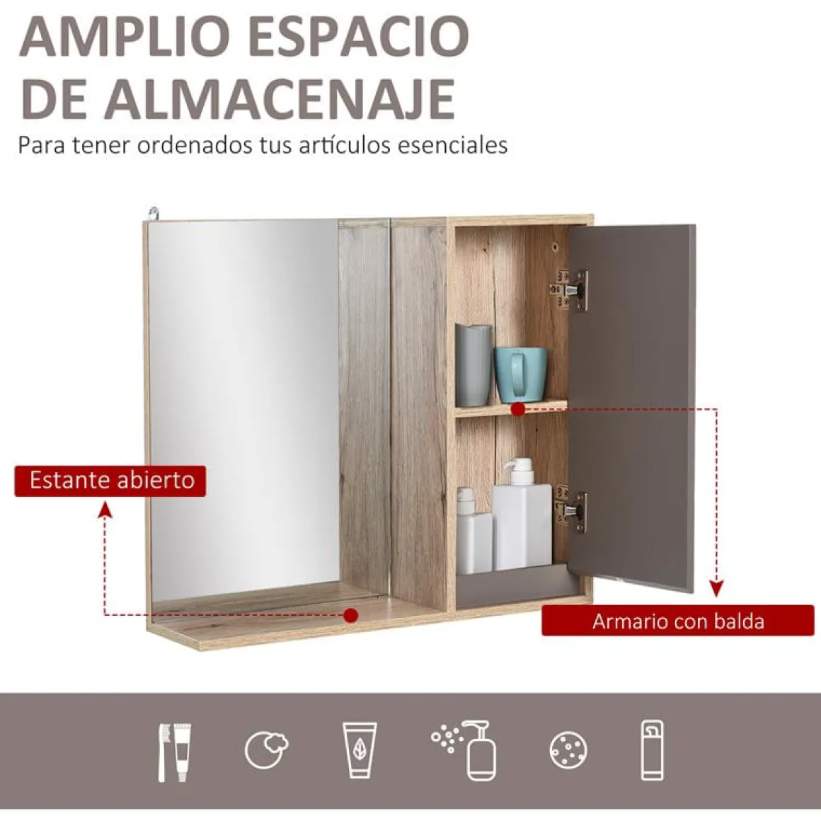 Armario de baño colgante Homcom con espejo natural/gris 49,2x57x14,2 cm