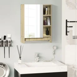 Armario de baño Enebro Kleankin con espejo, estantes y toallero natural 70x60x15 cm