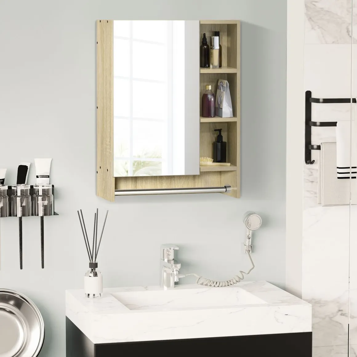 Armario de baño Enebro Kleankin con espejo, estantes y toallero natural 70x60x15 cm