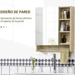 Armario de baño Enebro Kleankin con espejo, estantes y toallero natural 70x60x15 cm