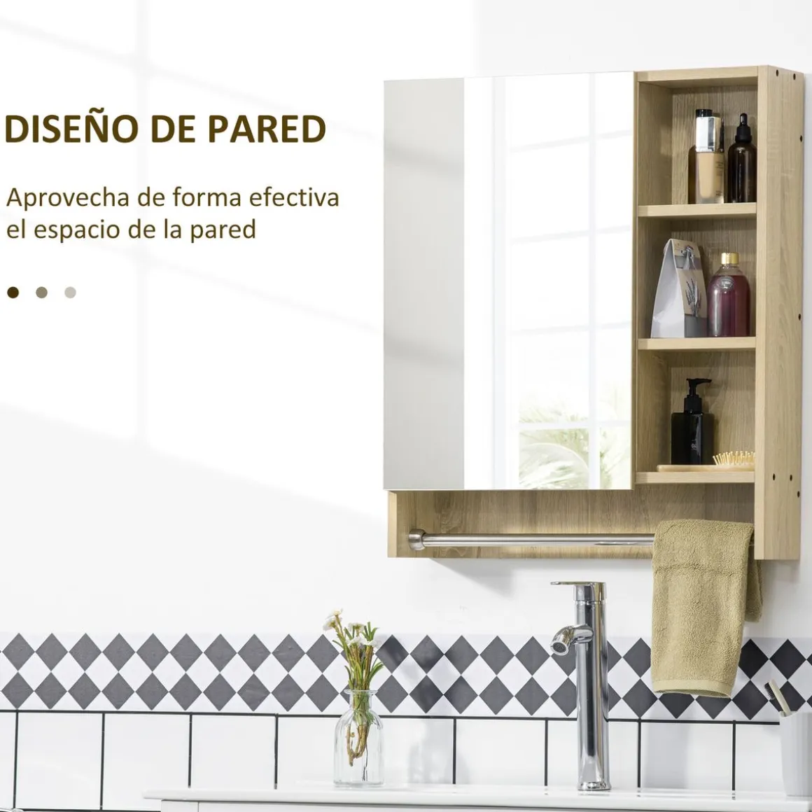 Armario de baño Enebro Kleankin con espejo, estantes y toallero natural 70x60x15 cm