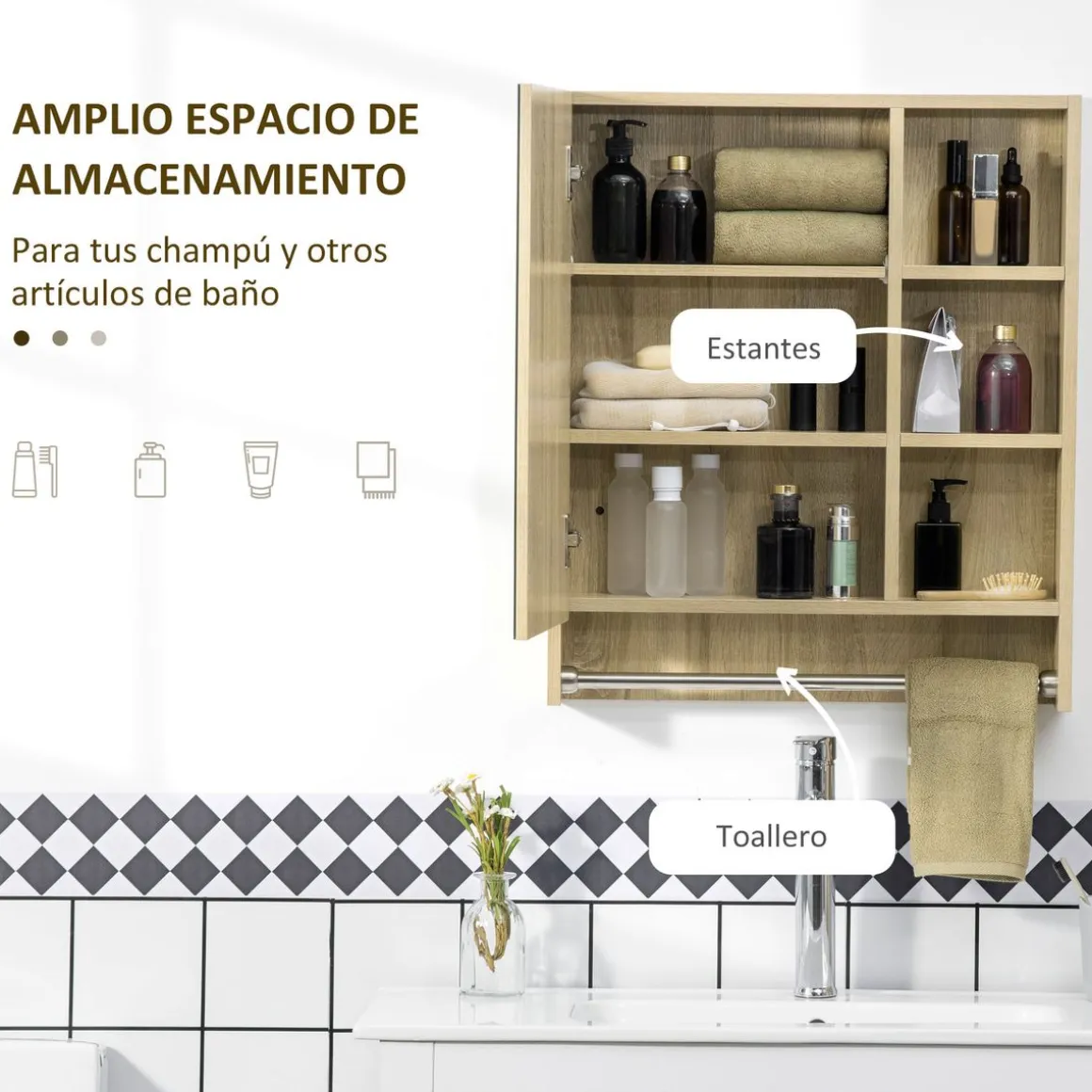 Armario de baño Enebro Kleankin con espejo, estantes y toallero natural 70x60x15 cm