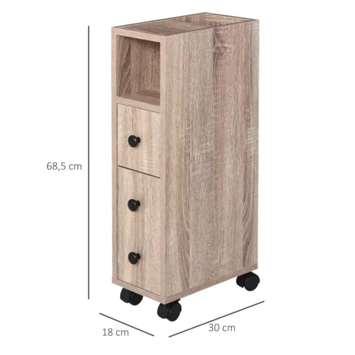 Armario de baño Kleankin 1 cajón + 1 armario + estante abierto roble 68,5x18x30 cm