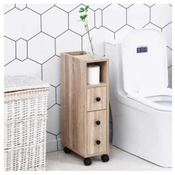 Armario de baño Kleankin 1 cajón + 1 armario + estante abierto roble 68,5x18x30 cm