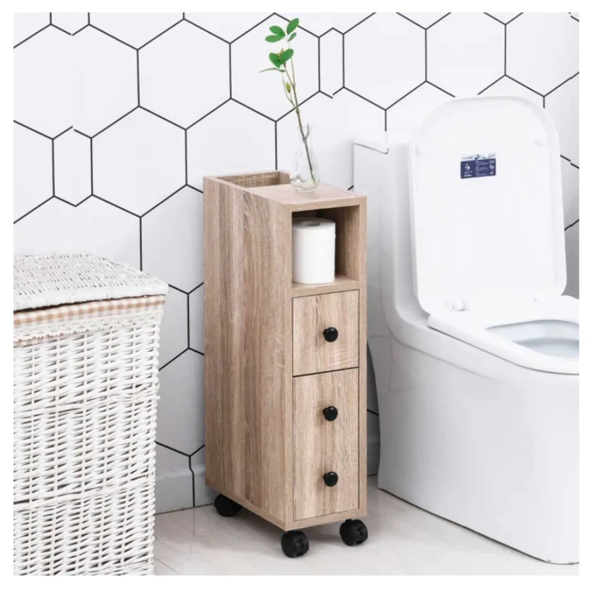 Armario de baño Kleankin 1 cajón + 1 armario + estante abierto roble 68,5x18x30 cm