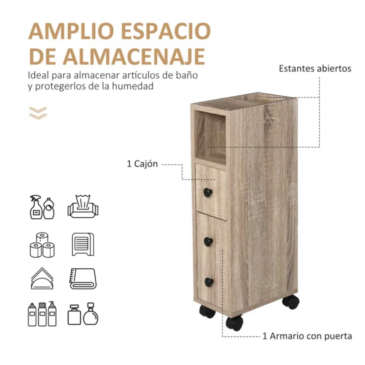 Armario de baño Kleankin 1 cajón + 1 armario + estante abierto roble 68,5x18x30 cm
