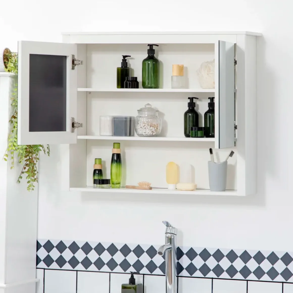 Armario de baño Kosi Homcom 2 puertas con espejo + 1 estante abierto blanco 65x80x20 cm