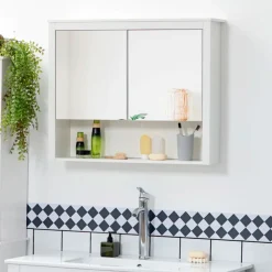 Armario de baño Kosi Homcom 2 puertas con espejo + 1 estante abierto blanco 65x80x20 cm