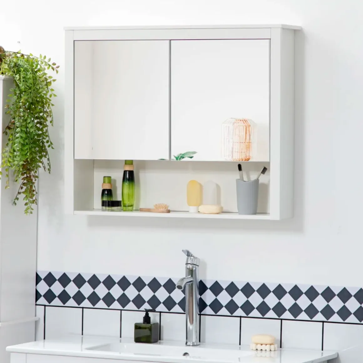 Armario de baño Kosi Homcom 2 puertas con espejo + 1 estante abierto blanco 65x80x20 cm