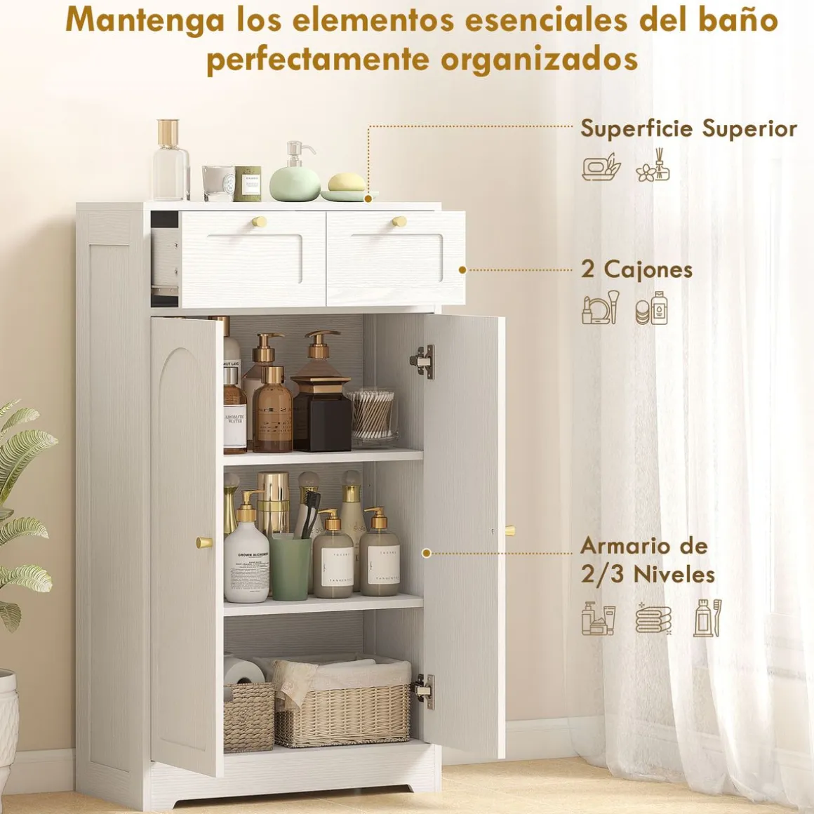 Armario de baño Max Homcom 2 puertas + 2 cajones blanco 108x60x30 cm