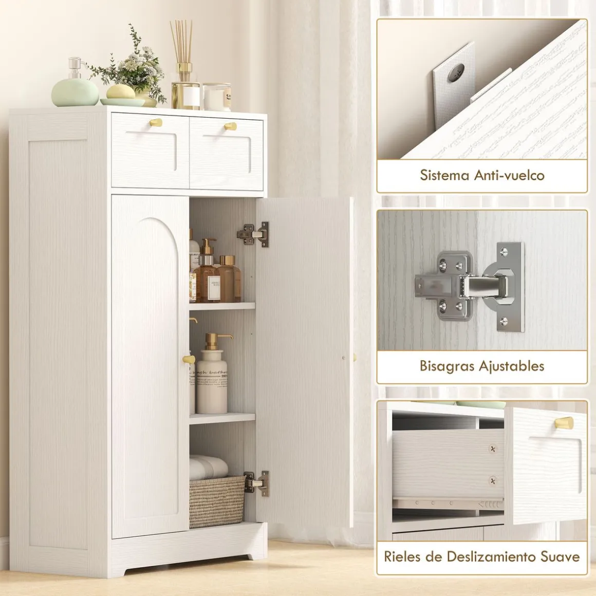 Armario de baño Max Homcom 2 puertas + 2 cajones blanco 108x60x30 cm