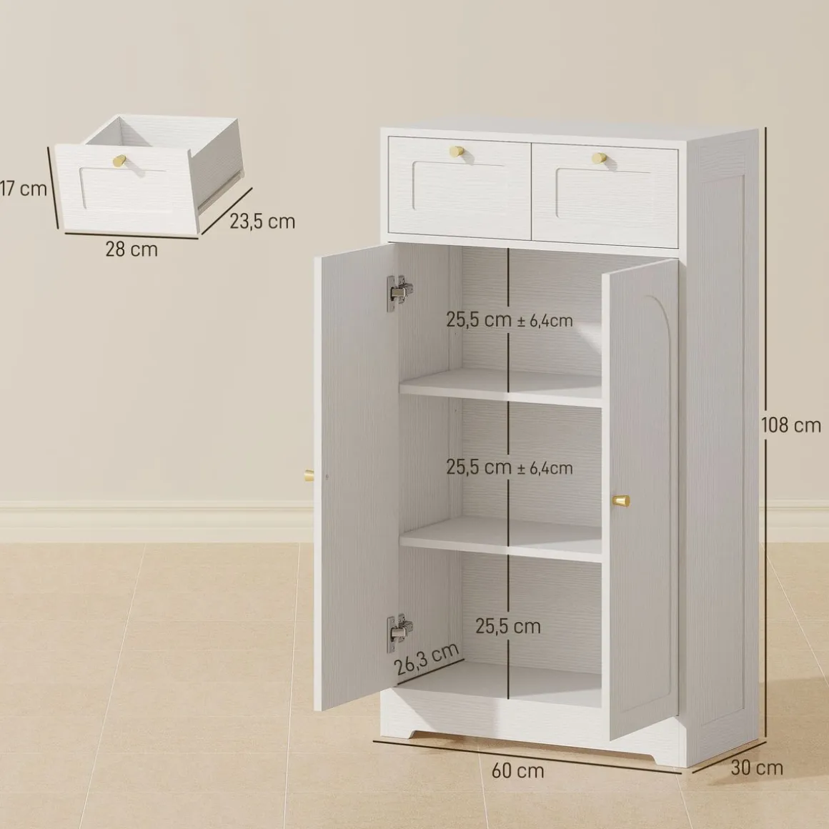 Armario de baño Max Homcom 2 puertas + 2 cajones blanco 108x60x30 cm