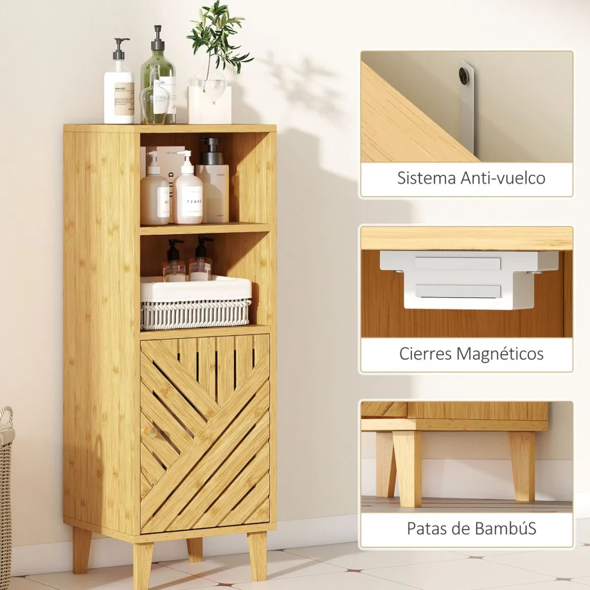 Armario de baño Índico Homcom con puerta y estante natural 90x32x30 cm